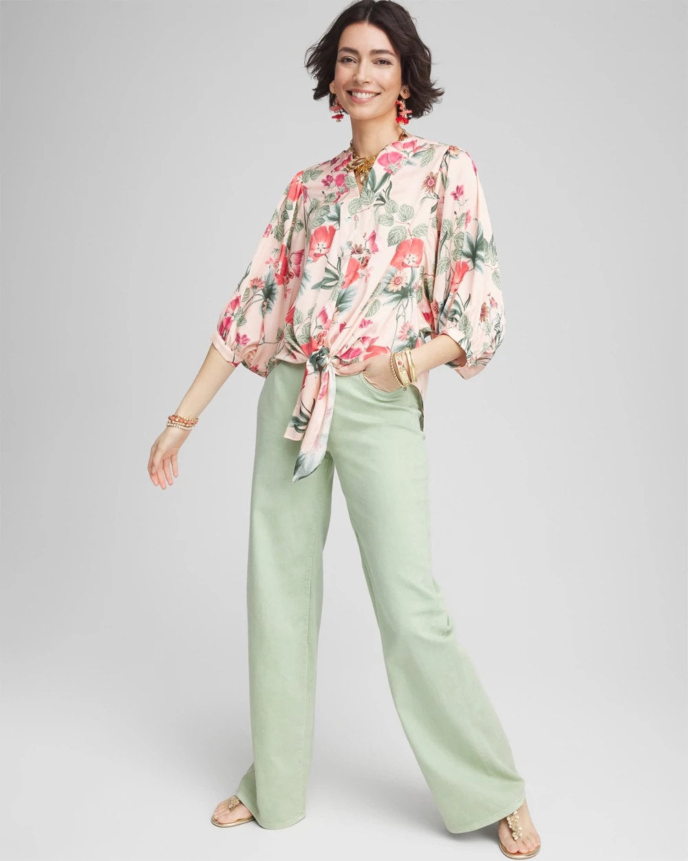 Chico's Sale - Floral Satin Tie-Front Pullover Top