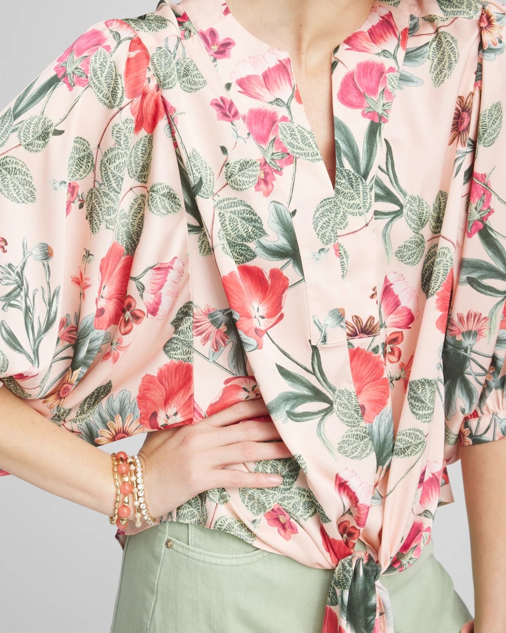 Chico's Sale - Floral Satin Tie-Front Pullover Top