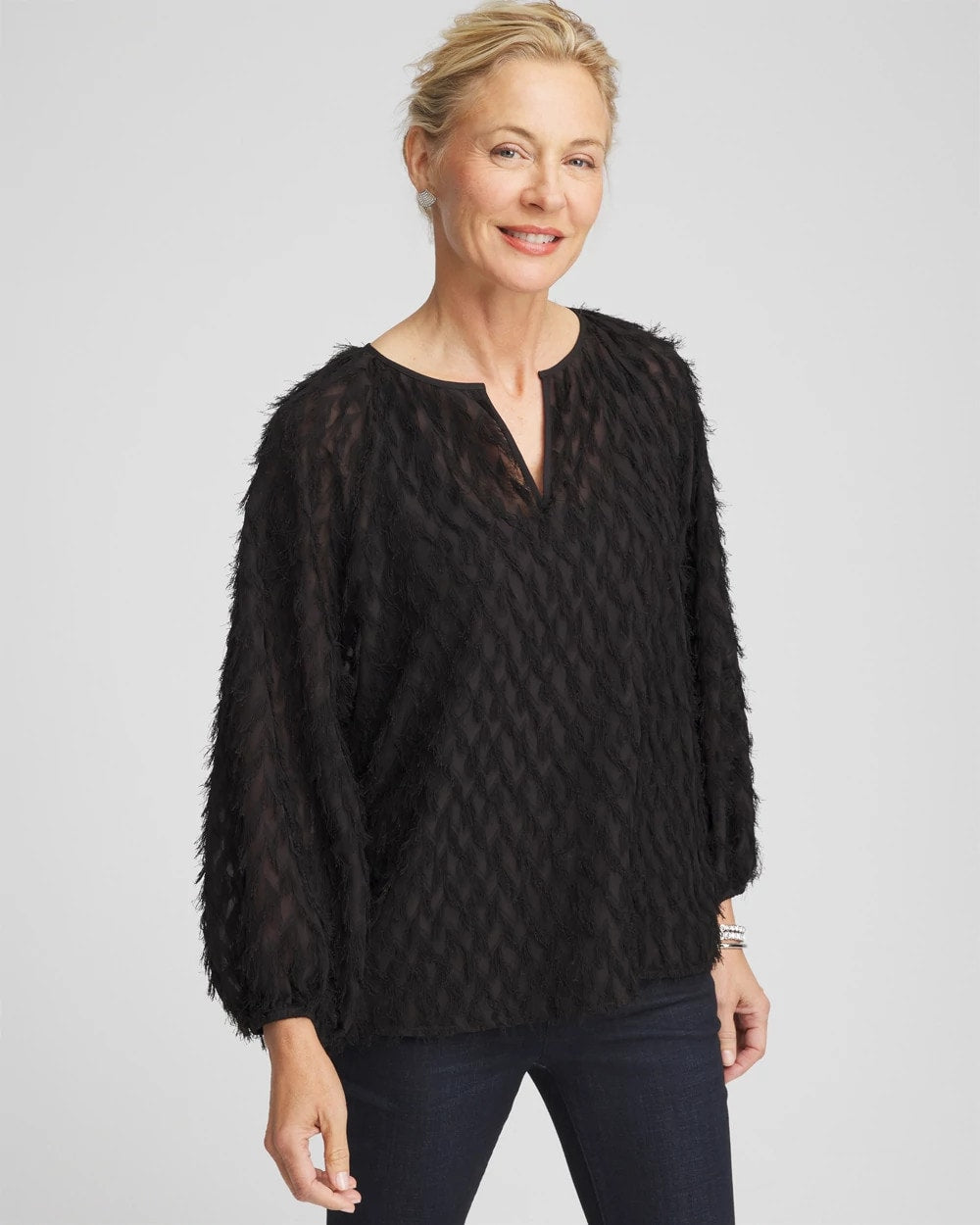 Chico's / Feathered Pullover Peasant Blouse
