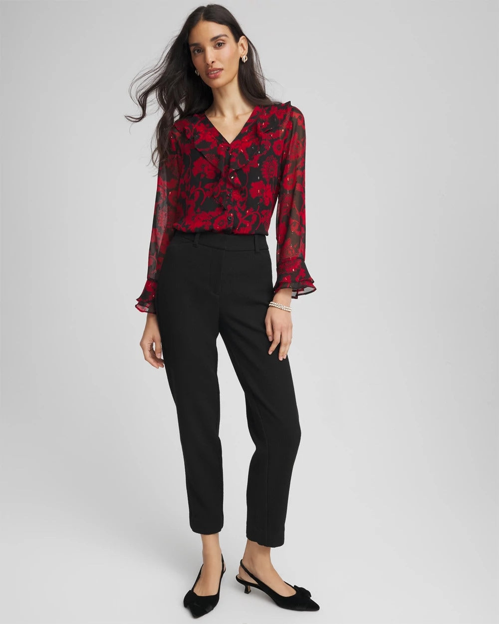 Chico's Discount - Georgette Clip Dot Ruffle Blouse