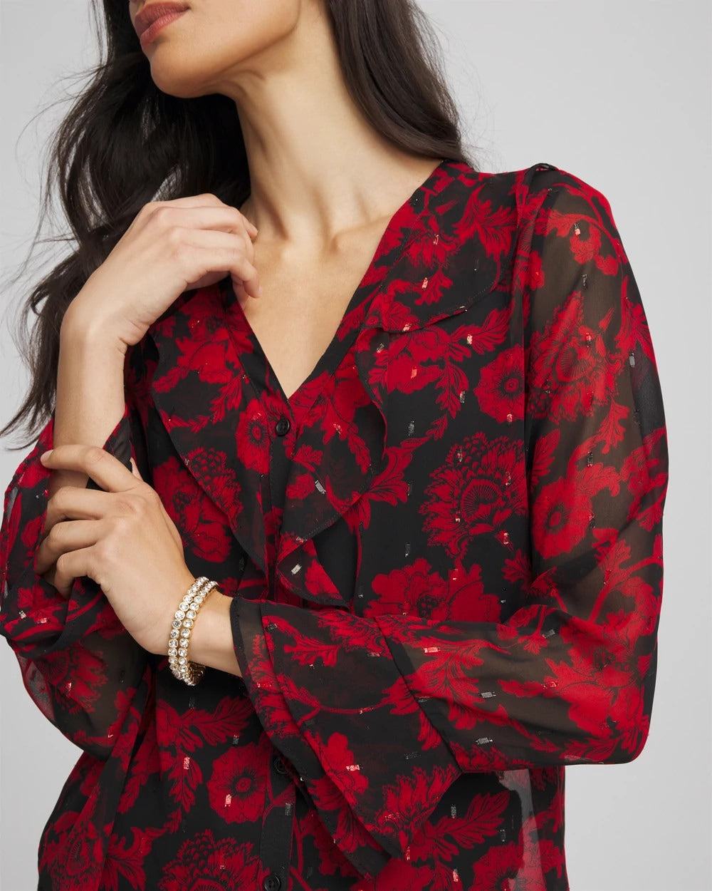 Chico's Discount - Georgette Clip Dot Ruffle Blouse