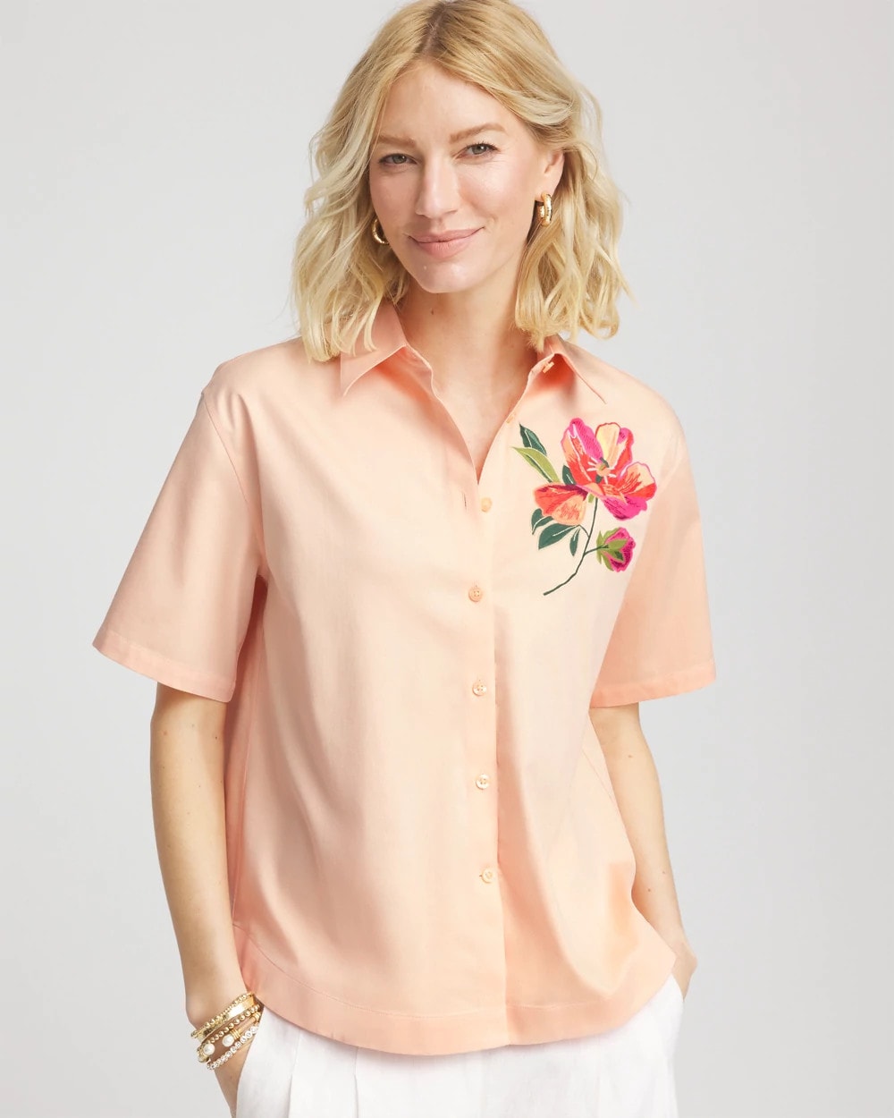 Chico's / No Iron™ Embroidered Floral Short-Sleeve Shirt