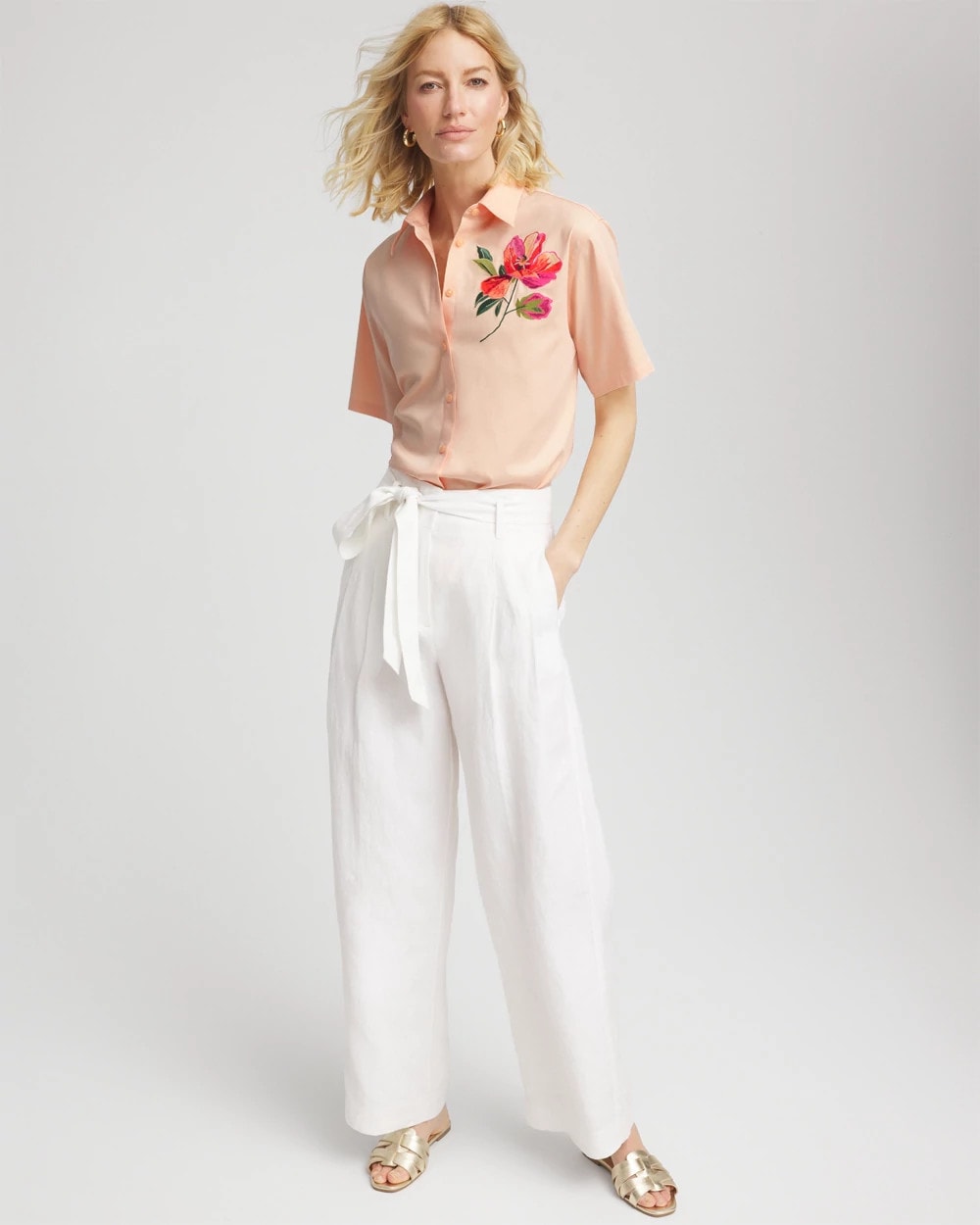 Chico's / No Iron™ Embroidered Floral Short-Sleeve Shirt