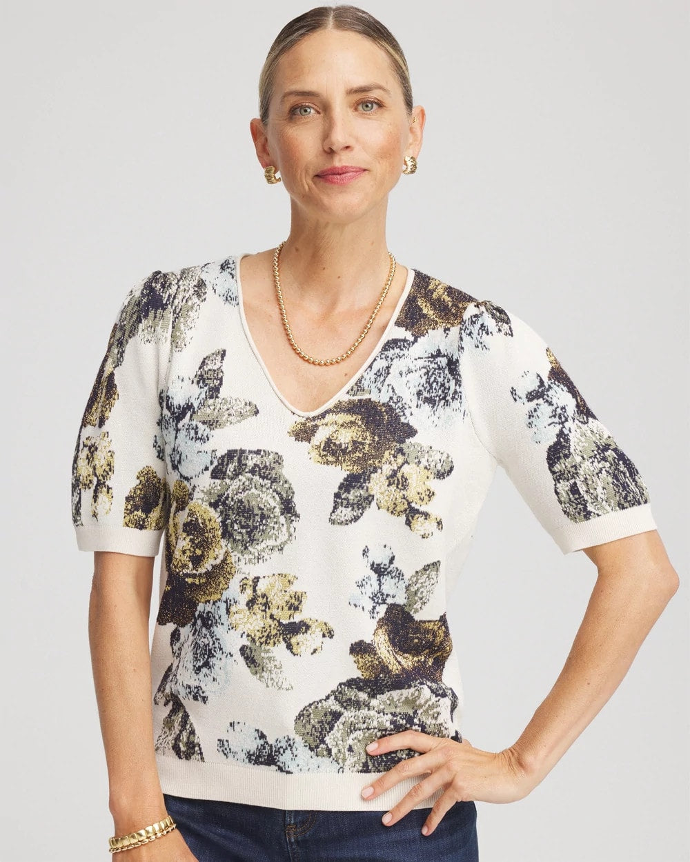 Chico's For Sale - Floral V-Neck Sweater Tee