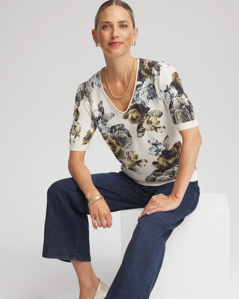 Chico's For Sale - Floral V-Neck Sweater Tee