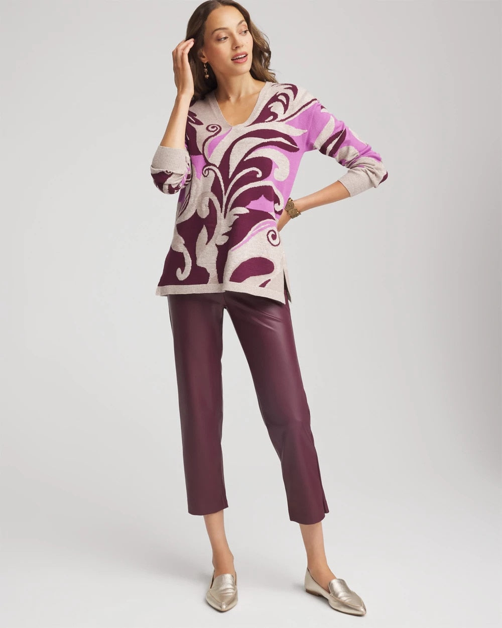 Chico's / Intarsia Knit V-Neck Pullover Sweater
