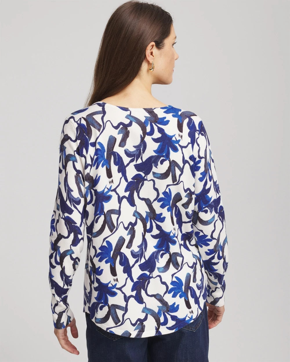 Chico's Discount - Ella V-Neck Blue-Petals Pullover Sweater