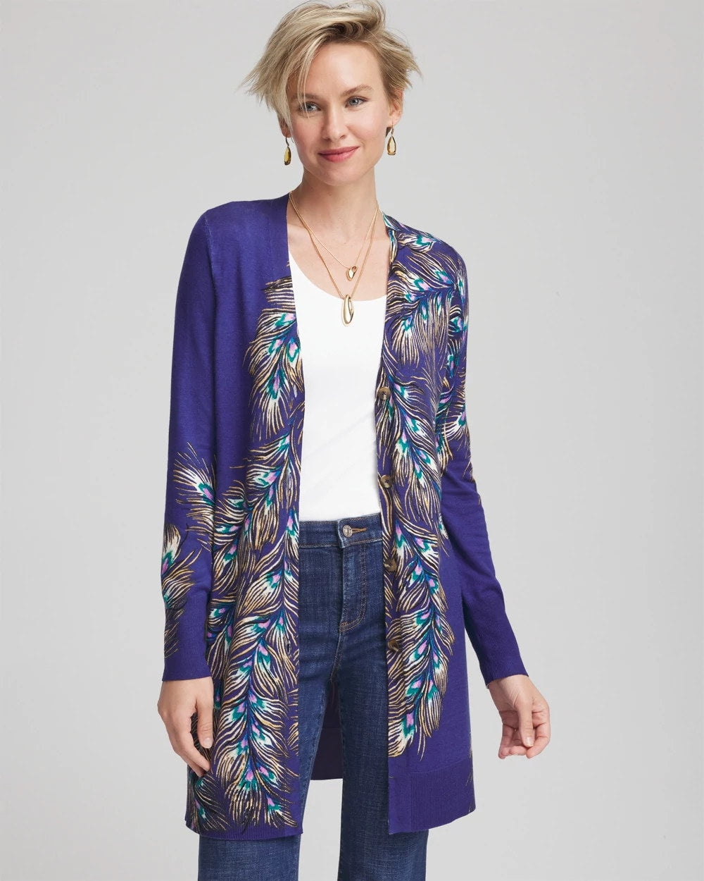 Chico's Sale - Ella Peacock-Print Cardigan Sweater