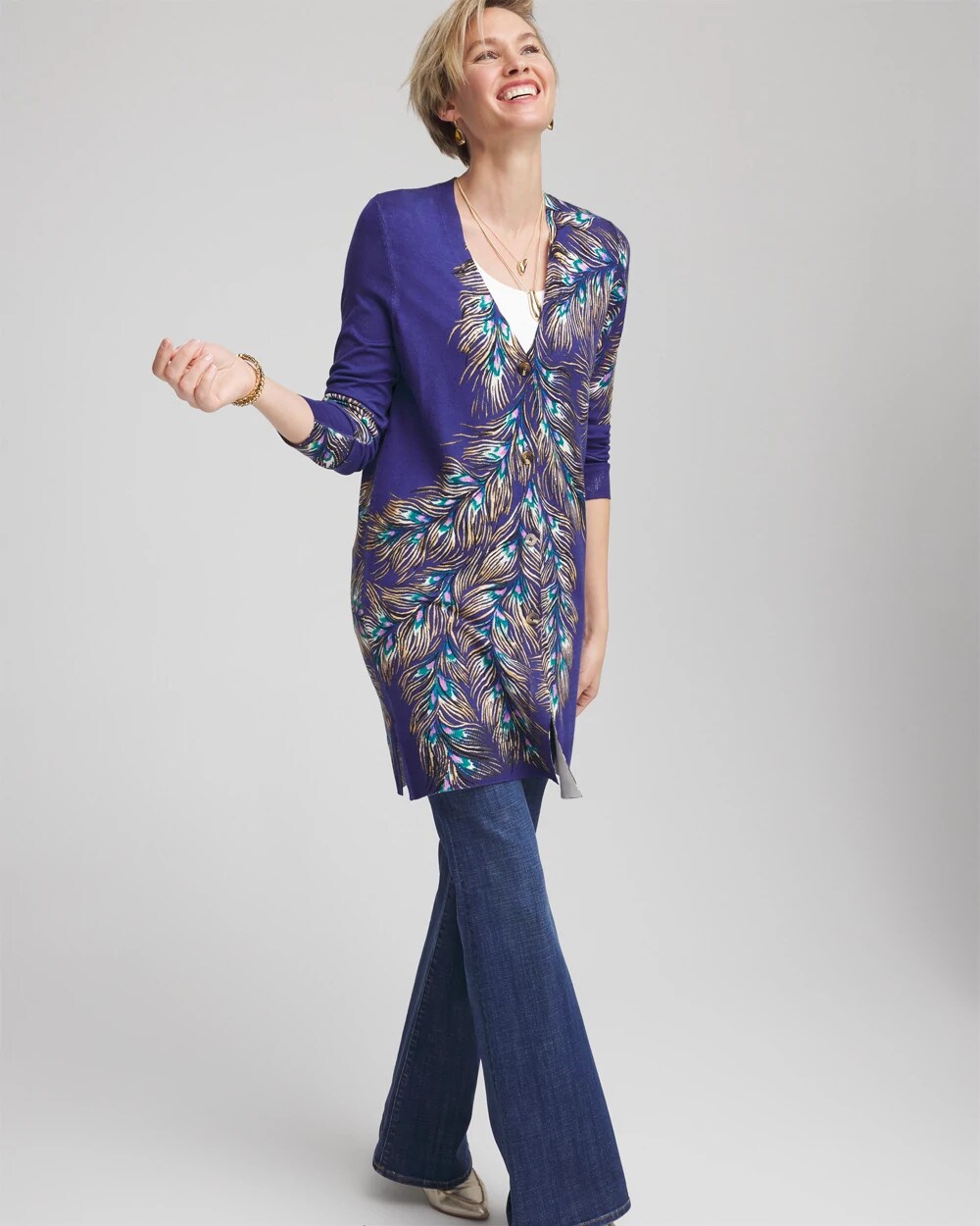 Chico's Sale - Ella Peacock-Print Cardigan Sweater
