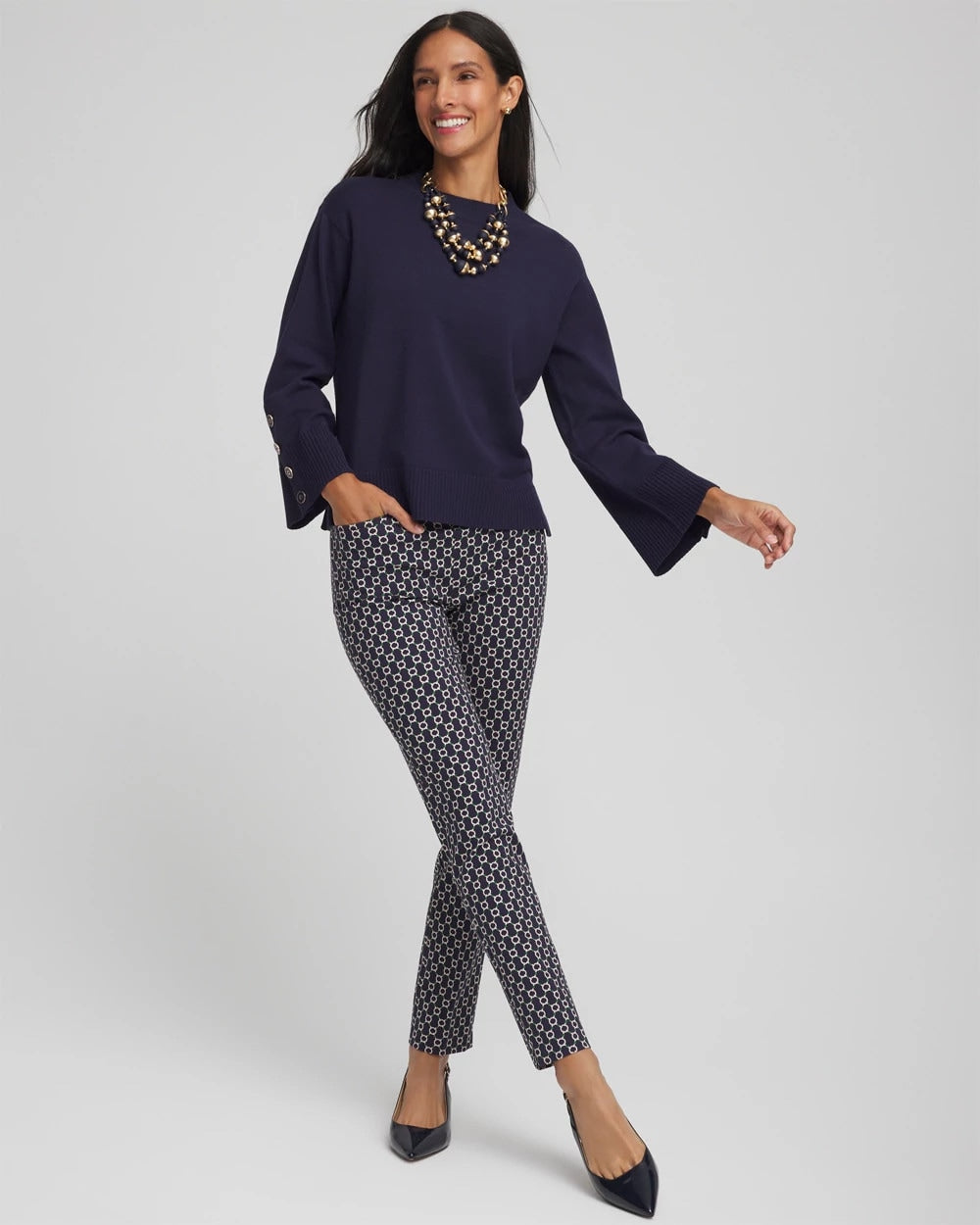 Chico's Outlet - Button Sleeve Crewneck Pullover