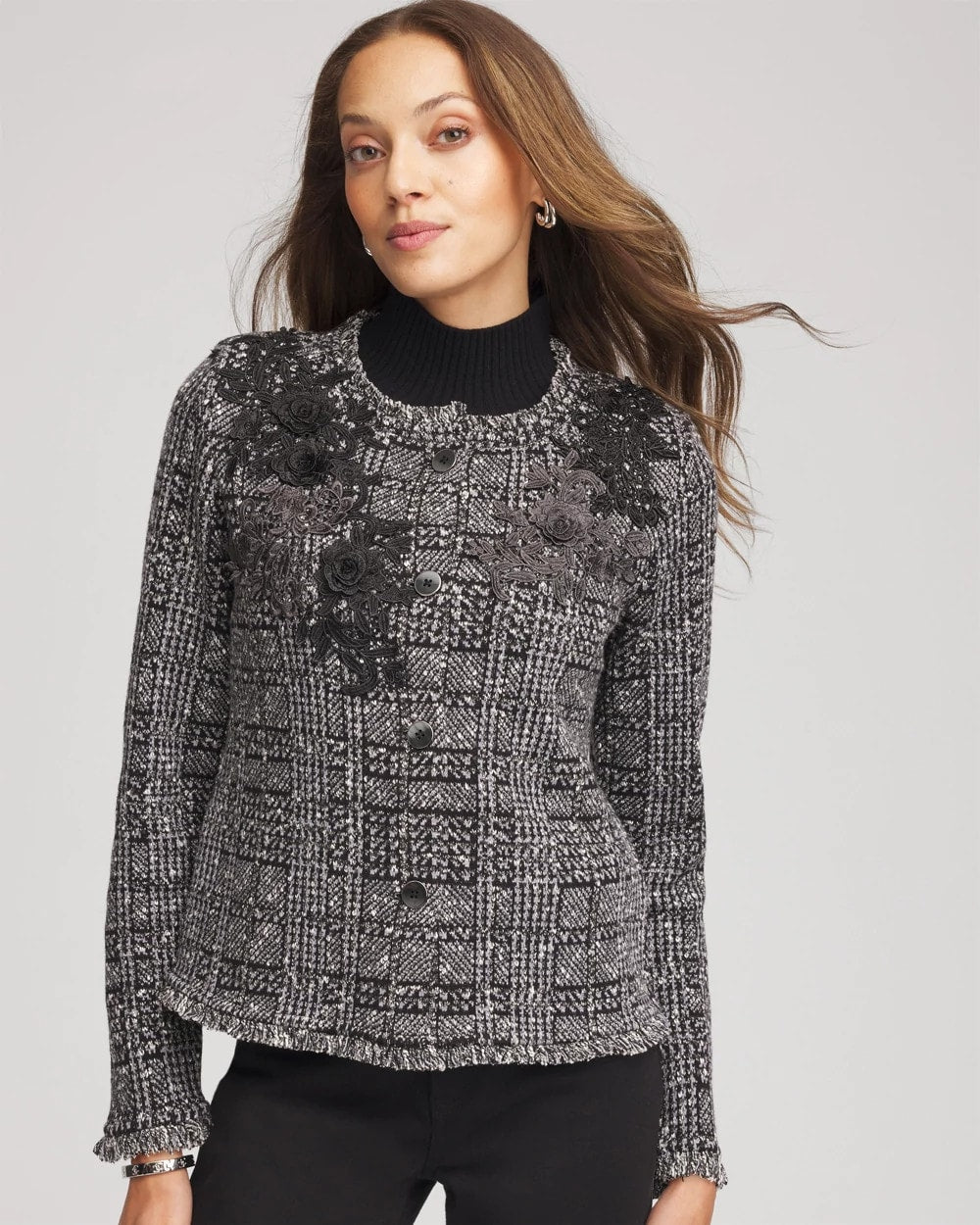 Chico's Discount - Embroidered Metallic Tweed Cardigan