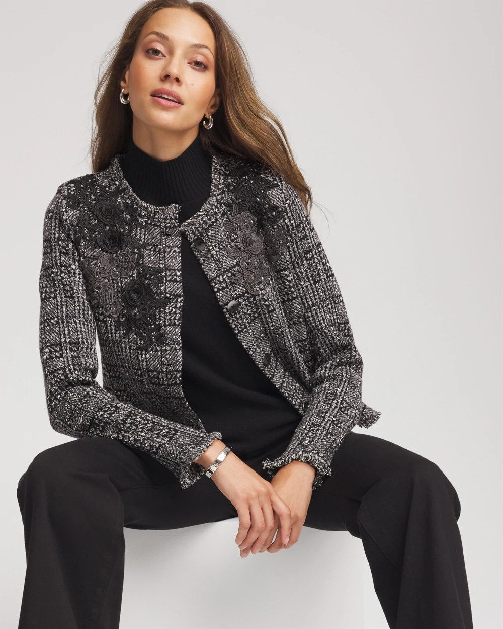 Chico's Discount - Embroidered Metallic Tweed Cardigan