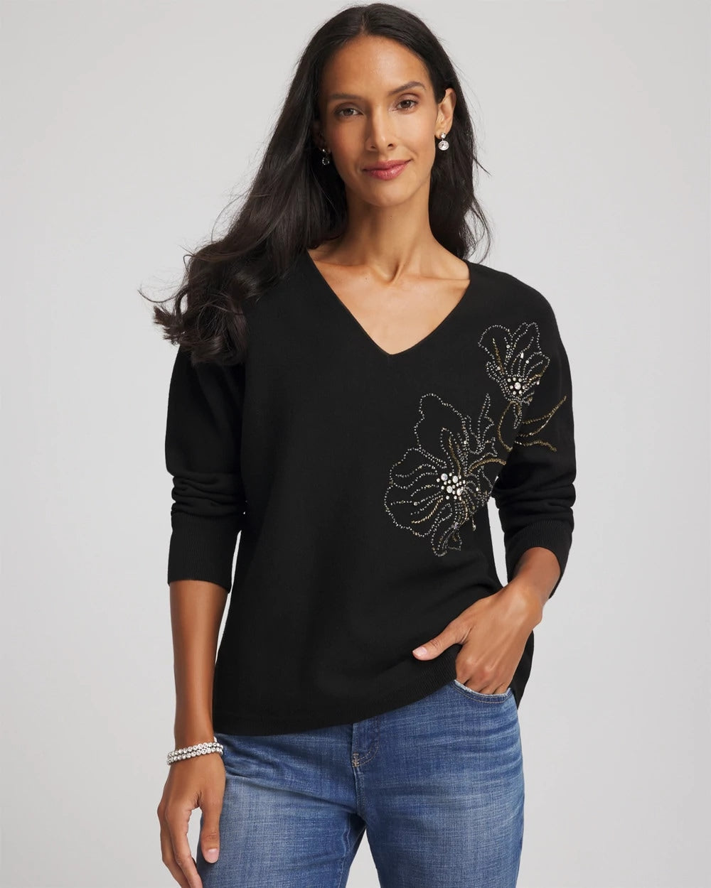Chico's Sale - Floral Embellished Dolman V-Neck Pullover