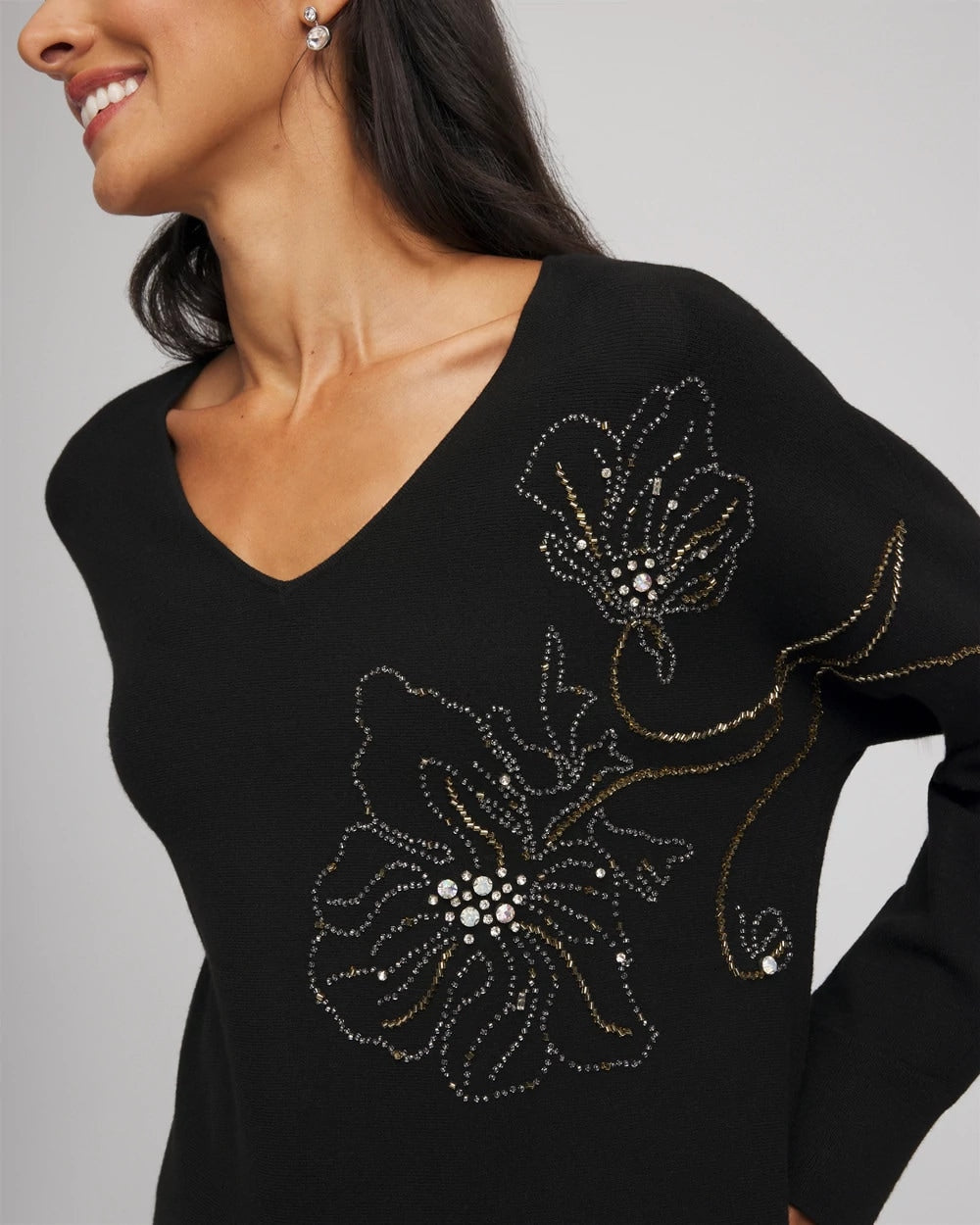 Chico's Sale - Floral Embellished Dolman V-Neck Pullover