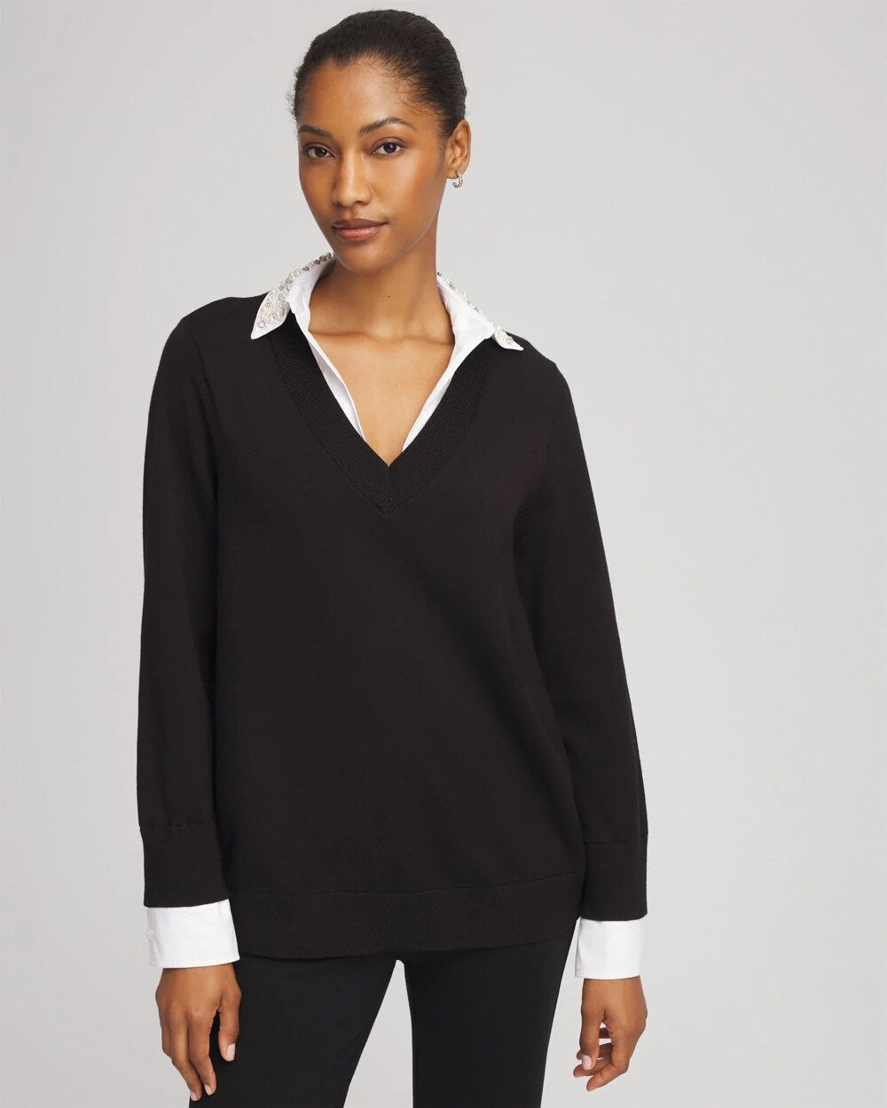 Chico's For Sale - Embellished Layered Collar Shirt Sweater