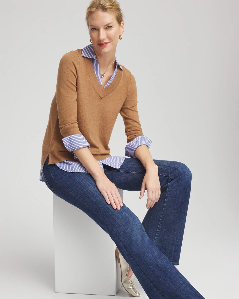 Chico's Discount - Camel Built-In Shirt Knit Sweater