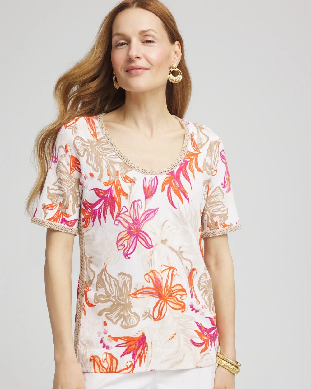 Chico's Online - Floral Print Crochet-Trim Pullover Sweater