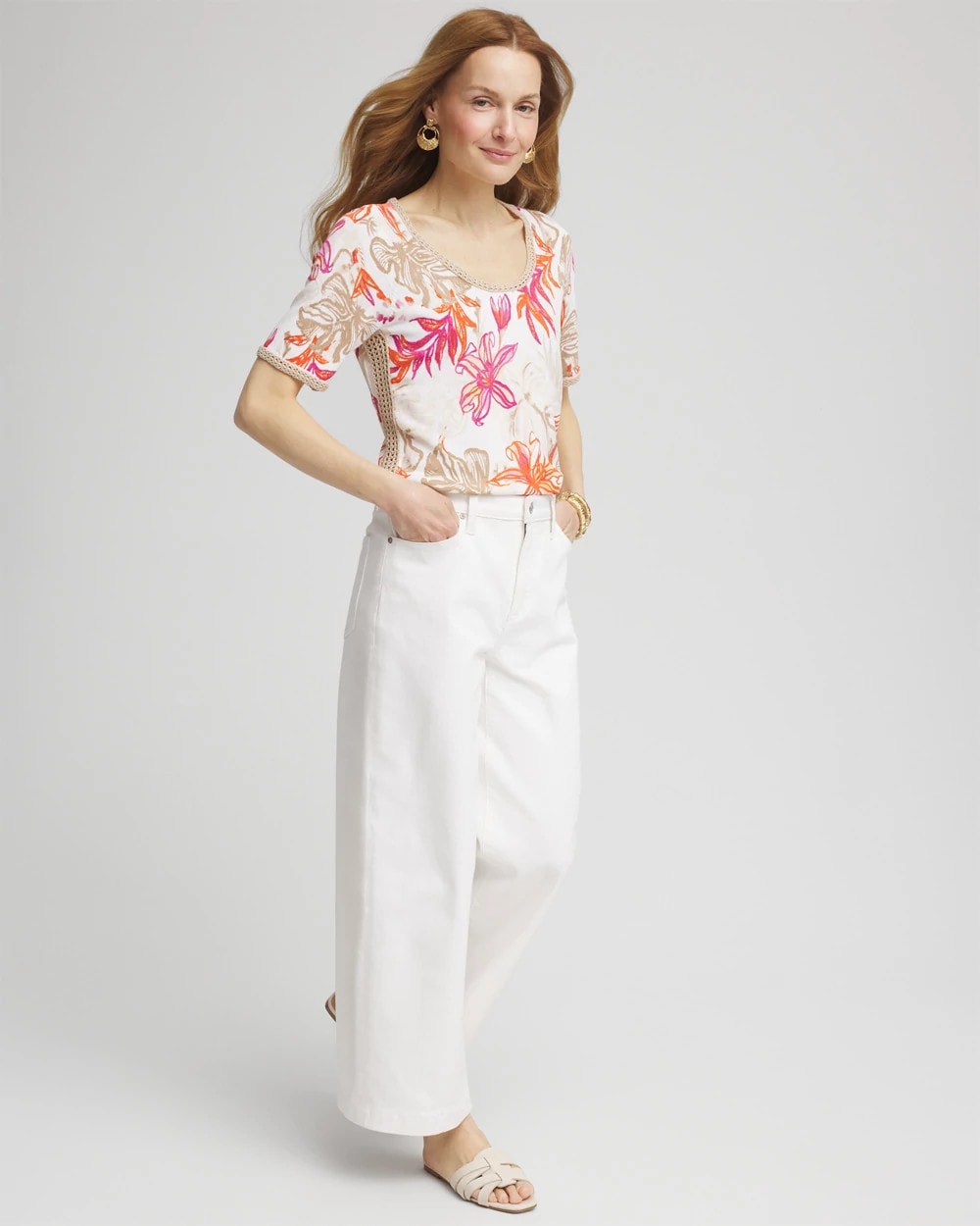 Chico's Online - Floral Print Crochet-Trim Pullover Sweater