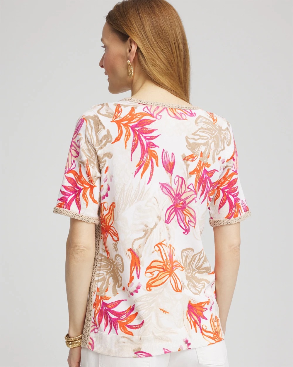 Chico's Online - Floral Print Crochet-Trim Pullover Sweater