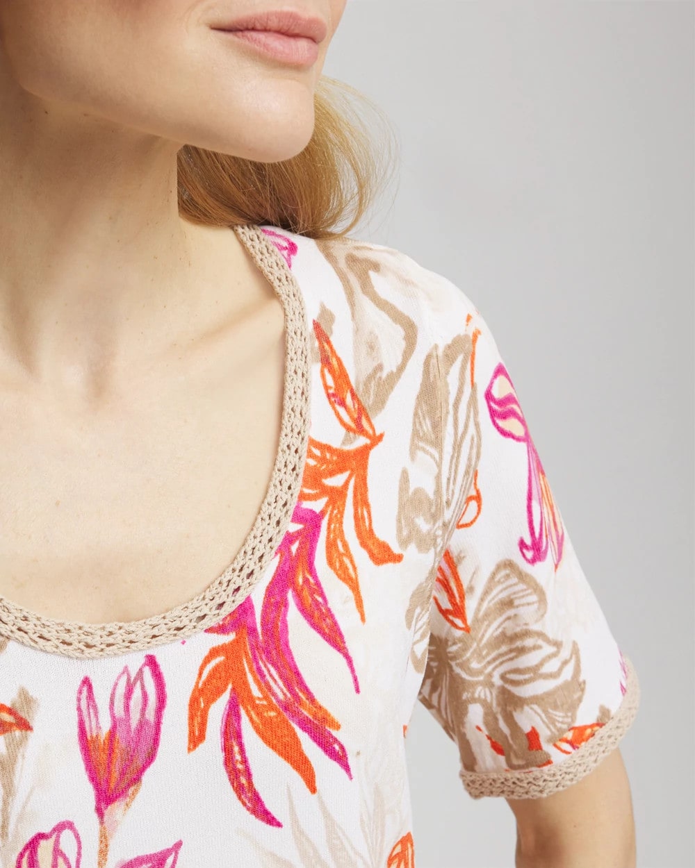 Chico's Online - Floral Print Crochet-Trim Pullover Sweater