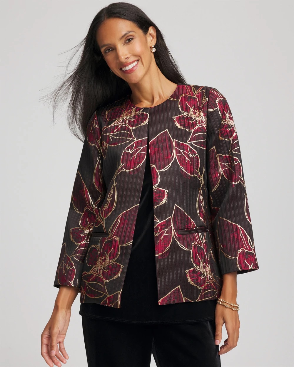 Chico's US - Travelers™ Collection Jacquard Foiled Floral Jacket