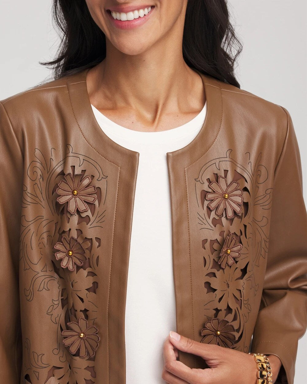 Chico's / Floral Cutwork Faux Leather Jacket