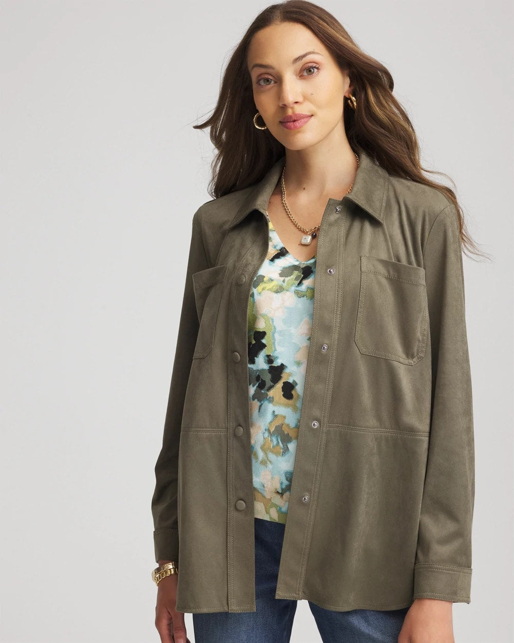 Chico's For Sale - Suede Collared Long-Sleeved Shacket