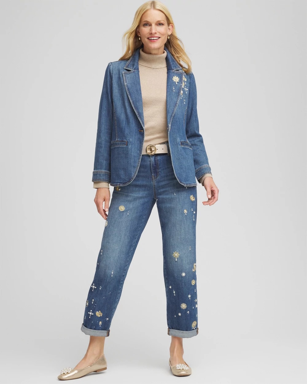 Chico's Sale - Pearl Brooch Denim Blazer
