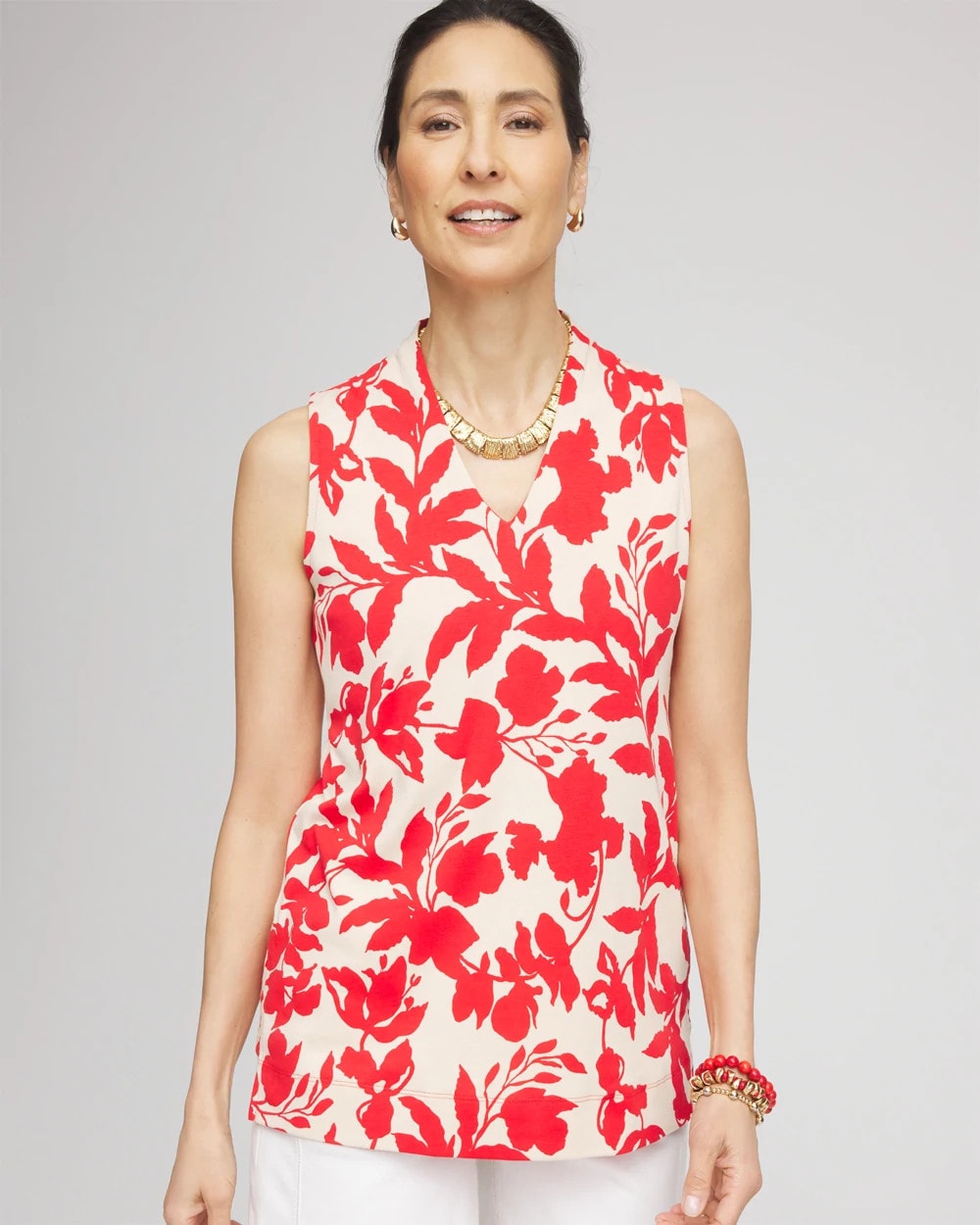 Chico's US - Floral Sleeveless V-Neck Tunic